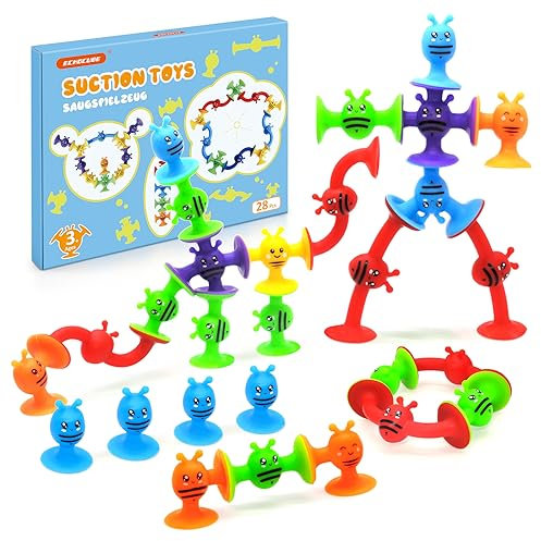 ECHOCUBE Saugspielzeug, 28 Stück Saugnapf Badespielzeug für Kinder ab 3 Jahren, sensorisches Saugspielzeug, Stressabbau-Spielzeug, Reisespielzeug für Kinder und Erwachsene