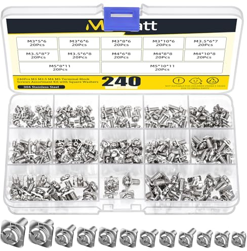 Mardatt 240Pcs 12 Sizes Terminal Block Screws, Nickel Plated Carbon Steel with Square Washers, M3-M5 Metric Dryer Terminal Screws for Fixing Wires