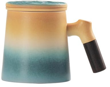 fanquare Tazas de Té de Cerámica con Asa de Madera, Taza de Té Amarilla y Azul con Infusor y Tapa, Taza para Infusionar Té de Hojas Sueltas