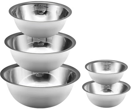 Lot de 5 bols mélangeurs en acier inoxydable avec marqueurs de mesure, bol à soupe multifonction, 5 tailles pour économiser de l'espace, pour la cuisson, le stockage des aliments (0,5 L, 0,8 L, 1,55