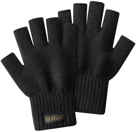 Varm ull stickade fingerlösa handskar-unisex halvfingerhandskar vinter varma stickade handskar för arbete löpning cykling körning, Svart, XL