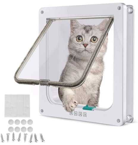 Katzenklappe,4 Wege Katzentür,19,7x19x5,3cm Haustiertür,Hundeklappe,Haustierklappe,Cat Klappe Tür,Wetterfeste Katzentür,Cat Flap Klappe,Katzentüren,Katzentür abschließbar,Katzentür Aussentür,Weiß