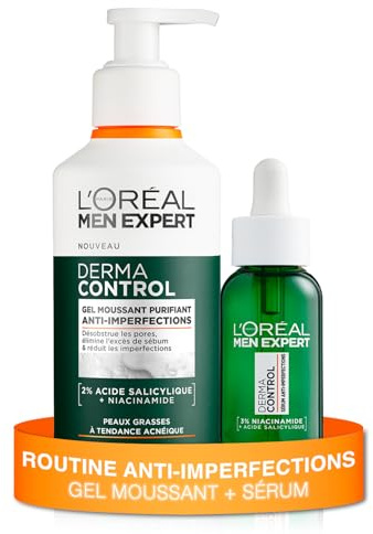 L'Oréal Men Expert - Routine Anti-Imperfections - Gel Moussant Purifiant + Sérum - Enrichie en Acide Salicylique & Niacinamide - Derma Control - 260 ml + 30 ml