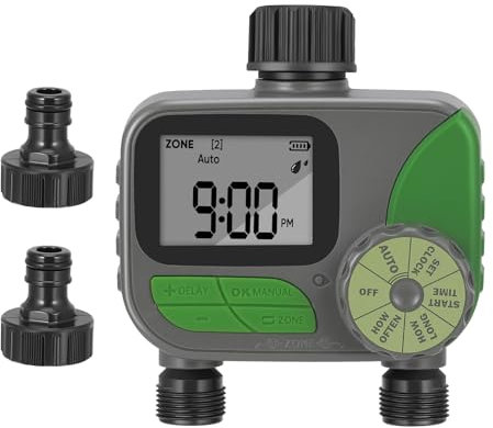 Water Timer,2 Outlets Water Sprinkler Timer Lawn,IPX5 Waterproof Automatic Watering System Controller With Rain Delay Auto&Manual Mode,Irrigation System Kit for Yard,Garden,Lawn Irrigation