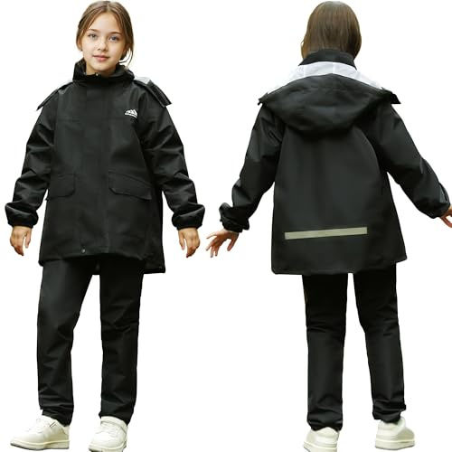 Domueay Kids Waterproof Jacket and Trouser Suit Lightweight Boys Girls Raincoat & Pants Set 2pcs Unisex Teens Hooded Windproof Rain Puddle suits Outwear Rainwear Age 13-14 Years, Black