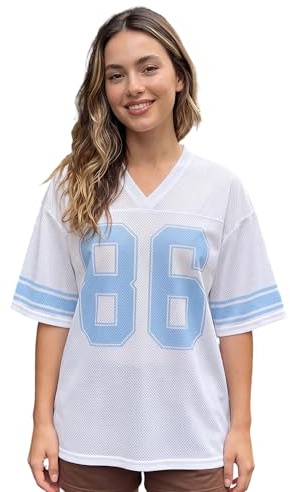 LYSINK Women Oversized Jersey Shirts Y2k Number Graphic T-Shirt Summer Short Sleeve V Neck Loose Streetwear Top (C-a-White, XL)