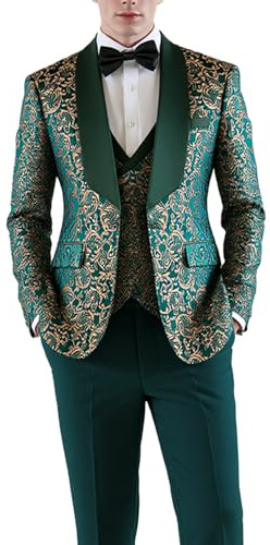 UNINUKOO Men’s Suit Dress Tuxedo 3 Piece Slim Fit Floral Wedding Party Print Lightweight Blazer Vest and Pants Set US Size L Green