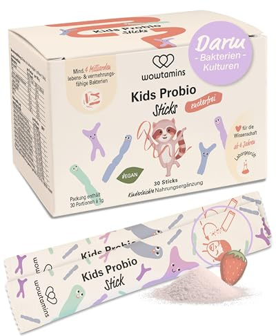 wowtamins Kids Probio – Leckere Direktsticks mit 9 ausgewählten Darmbakterien-Kulturen (30-Tage-Vorrat) für eine gesunde Darmflora – Nahrungsergänzungsmittel für Kinder ab 4 Jahre