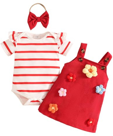 JENJON Conjunto Falda con Tirantes para Niña Recién Nacida camisetas de manga corta con cuello redondo liso y bordado lazo/flores 2 Piezas verano Ropa Flores rayas rojas 3-6 Meses