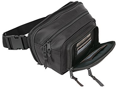 Roma Leathers Gun Concealment Fanny Pack with Extra Pocket - Cowhide Leather, Nylon Belt Strap with Snap Buckle - Black - Large