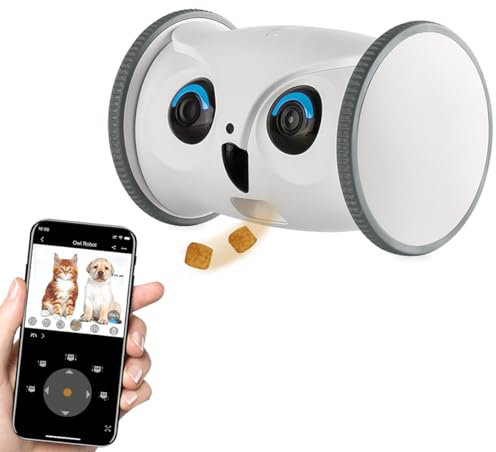 SKYMEE Owl Robot: Movable Full HD Pet Camera with Treat Dispenser, Interactive Toy for Dogs and Cats, Mobile Control via App (2.4Ghz WiFi)