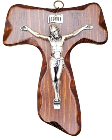 La Balestra Croce Tau da Parete - Artigianale Made in Italy Cristo e INRI Placcati Argento 999 - Crocifissi da Parete in Legno, Cura e Precisione dei dettagli di Gesù Crocifisso - 15x12cm