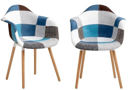 HJhomeheart Juego de 2 Sillas de Comedor de Tela Patchwork con Reposabrazos, Sillón de Diseño Moderno, Silla de Cocina de Madera de Haya Escandinava (A5-Azul)