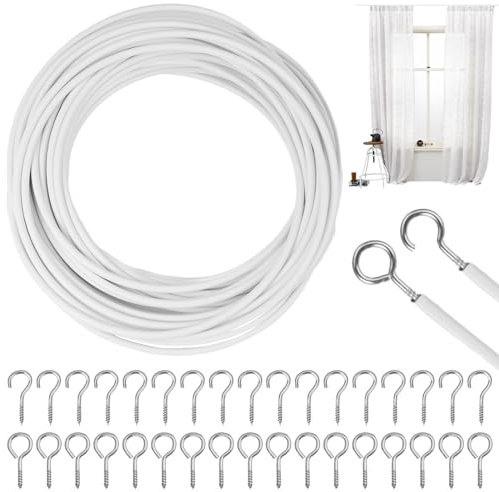 10M Alambre de Cortina, Blanco Gusanillo para Cortinas, Cuerdas Cortinas Accesorios para Cortinas, Alambre para Cortina con 25 Pares Ganchos Atornillables y Ojos, para Barras de Cortina de Red