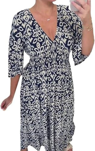 GuyAna V-Neck Floral Dress,Women's Plus-Size Super Fairy V-Neck Floral Dress Beach Holiday Beach Skirt Long Skirt (Cyan,4XL)