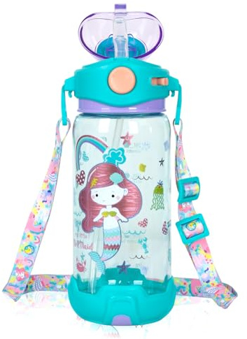 PinkSheep Kids Water Bottle with Straw/Lanyard 650ml BPA Free Child Drinking Water Bottle Leak-Proof Locking Flip Lid for Kids Girls Boys School Sport Travel (Mermaid A)