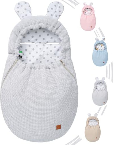 Mikos Einschlagdecke Babyschale Herbst Winter, Baby Fußsack mit Zip 100% Baumwolle GOTS Zert. Strickdecke mit Füllung Universal für Kinderwagen Buggys Frühling Maxi Cosi 3 Punkt Gurt (50) (Grau)