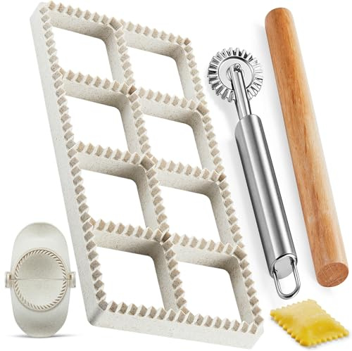 MUMSUNG Ravioli Maker Press, Ravioli Press Mold Set - 1.85 Squares Ravioli Stamp Maker Cutter with Wood Rolling Pin, 2.6 Empanada Maker Press Kit and Ravioli Wheel, Makes 8 Ravioli