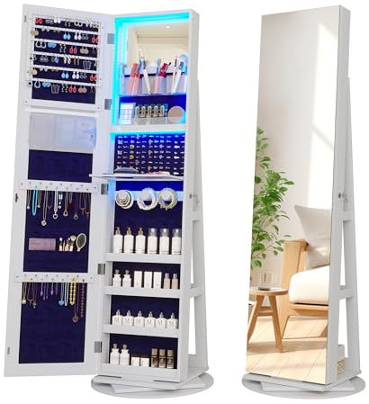 LVSOMT 360° Schwenkbare Schmuckschränke mit Ganzkörperspiegel, LED Großer Schmuckorganisator Schrank Abschließbarer, Spiegel mit Schmuckaufbewahrung, Innenliegender Schminkspiegel, Weiß + Blaues Samt