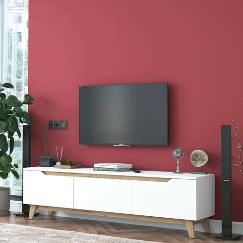 Dmora - Mobile porta TV Cor, Credenza da soggiorno, Armadio basso per TV, Base parete attrezzata, 180x35h49 cm, Bianco e Rovere