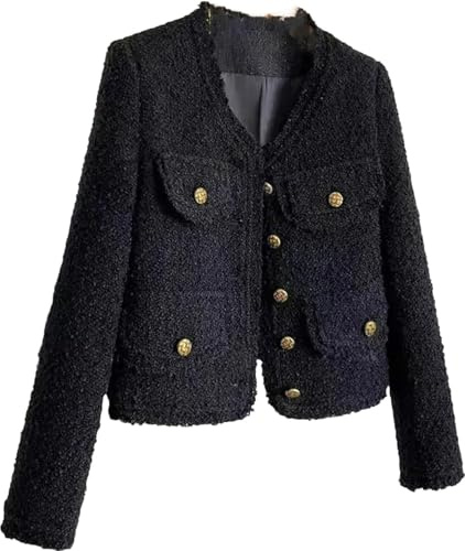 Hecatombic Blazer in Tweed da Donna Elegante Risvolto da Ufficio Business Casual Cardigan a Sezione Corta Bottoni a Maniche Lunghe Giacca Corta Chic Abito Corto Slim a Maniche Lunghe (Nero,XL)