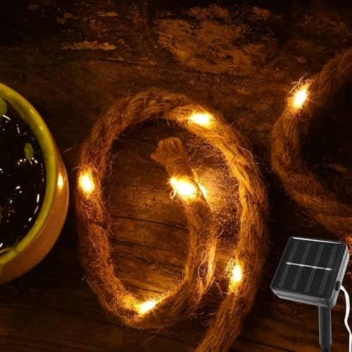 Gresonic Hemp Rope Fairy Lights, 40LED 3m String Light Warm White Solar Powered Waterproof Garden Outdoor Indoor Decor for Gazebo, Pergola, Christmas, Camping (Warm White Solar Powered, 40LED)