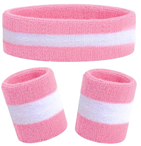 Kids Sweatbands Headband Wristband Set - Athletic Cotton Sweat Band for Sports - Ultimate Sweat-Absorbing 3-piece Set (1 Headband + 2 Wristbands) (Pink+White)