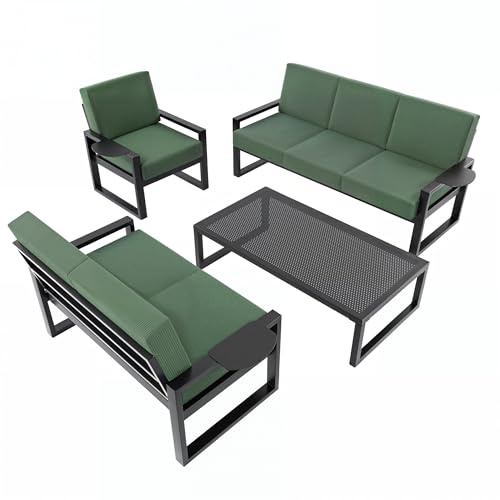 MetaloPro Gartenmöbel-Set, Gartengarnitur, 1x Dreisitzer, 1x Zweisitzer, 1x Einzelsessel, 1x Metalltisch, Metallrahmen mit Cordstoff Kissen, Terrassenmöbel, Outdoor Set, für Terrasse, Balkon, Garten