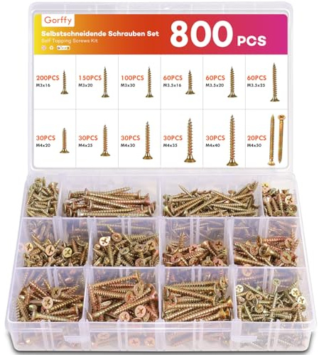 Gorffy Wood Screws, 800PCS Wood Screws Assortment, Color Zinc Self Tapping Screws, M3/M3.5/M4 Screws for Woods, Screws Set for Floorboard, Wood Fences