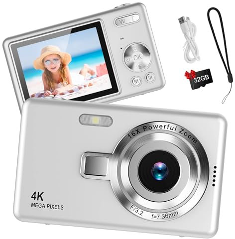 Digitalkamera 1080P FHD Kompaktkamera 44MP Kamera mit 2,4“ LCD Bildschirm 16X Digitalzoom Einfache Vlogging Tragbare Digitalkamera mit 32gb SD Karte für Kinder Teenager Studenten Anfänger (Hellgrau)