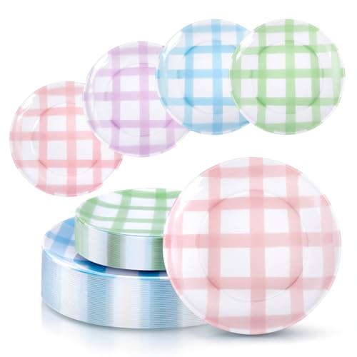 Liacere 32PCS Colorful Gingham Plastic Plates - Pink Green Gingham Plastic Plates Purple Blue 4 Colors Disposable Tableware Party Wedding Spring Holiday Supplies＆Summer ＆ Easter Day