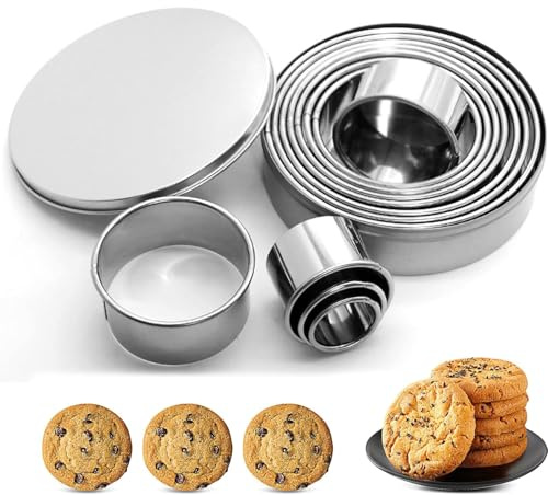 SkyJoy®Juego de 11 piezas de moldes redondos para galletas, cortador de galletas redondo de acero inoxidable, cortador de galletas redondo con anillo para alimentos con estuche de almacenamiento.