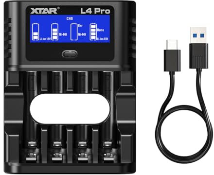 XTAR Chargeur intelligent multifonction L4 Pro, batteries surchargées de sauvetage Compatible avec les piles 1,2 V AA/AAA Ni-MH et 1,5 V lithium-ion, permet une charge rapide de