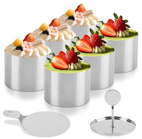 6 Pack Cake Ring Mold, Seamless Stainless Steel Round Mousse Cake Molds, Mousse Cake Ring, Baking Ring Molds, Food Ring Molds for Baking, Includes 6 Rings 1 Pusher and 1 Lifter, 2.9 x 2.1 Inch