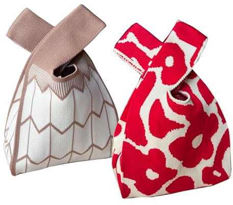 QSYW Knot Bag, Mini Knit Tote Bag, Extra Thickened Japanese Knot Bag, Wristlet Handbag, Aesthetic Crochet - 2Pcs Brown Geometric & Red Floral
