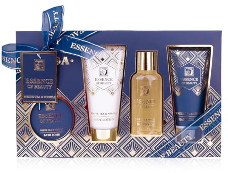 Accentra Set de ducha SALSA ESSENCE OF BEAUTY para mujeres, loción, gel, crema de manos, bomba de baño, aroma Té Blanco y Neroli, empaque de regalo, lujo para damas