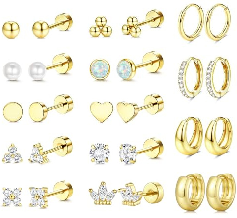 TINGN Flat Back Earrings for Women Hypoallergenic Surgical Steel Earrings for Sensitive Ears 20G Cartilage Earring Stacks 14K Gold Plated Hoops Stud Earring Sets for Multiple Piercing Gifts