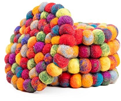 Round Felt Ball Coasters - Wool Table Coasters - Felt Coaster Pads, Absorbent Trivet for Drinks - Heat Resistant, Thick & Durable Hand Felted in Nepal by Woolygon- Multi-Color - Set of 5
