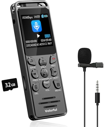 48GB Registratore Vocale Professionale, Volorful 70 Ore 1,44 Registratore Audio con Microfono Esterno, Attivazione Vocale, USB-C Registratori Vocali Digitale Portatile per Lezioni Riunioni Classe