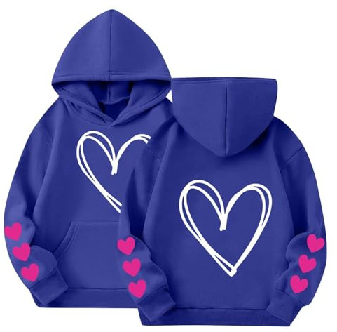 IAJDKMEK Valentines Day Outfit Kids Valentines Day Hoodies Boys Girls Heart Graphic Sweatshirts Toddler Long Sleeve Pullover Shirt 12-13 Years Blue