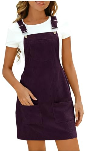 Women's Corduroy Overall Dresse Casual Pinafore Dress Square Neck Solid Pocket Front Wide Straps Short Dungarees Sleeveless Vintage Mini Dress Purple