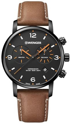 WENGER Herren Armbanduhr Urban Metropolitan Chronograph Ø 44 mm, Swiss Made, Analog Quarz, Wasserdicht bis 100 m, Leder-Armband, Schwarz/Braun, 01.1743.113