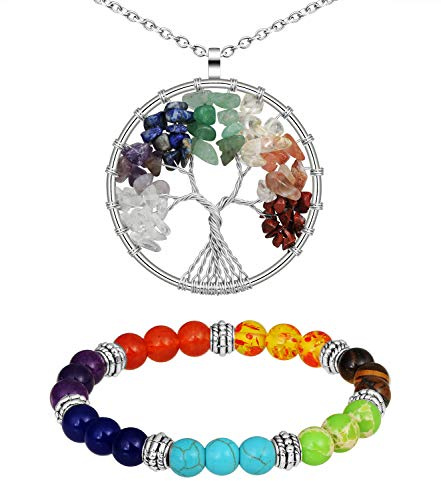 MicVivien kvinnor män 7 stenar chakra armband + livets träd hänge livets träd halsband, Ädelsten Kristall Ädelsten, Kristall