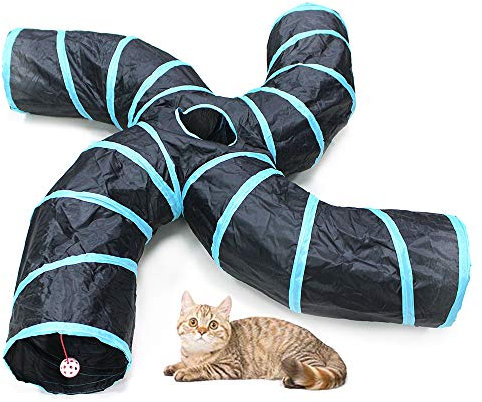 Bemodst Katzentunnel, 2-Wege/3-Wege/4-Wege/5-Wege Faltbar Kätzchen Tunnel Katzenspielzeug interaktives Pop-Up-Labyrinthhaus-Spielzeug für kleine Kaninchen,Welpen,Frettchen,Meerschweinchen (4-Wege)