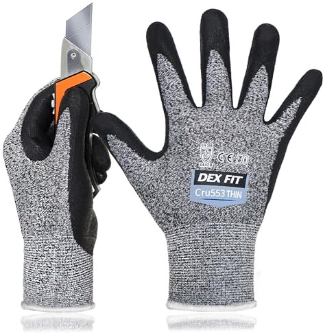 DEX FIT 15 Gauge nivå 4 tunna skärskyddshandskar Cru553; fast handtag, 3D-komfortpassform, lätt och hållbar, pekskärms-kompatibel för exakt arbete, tvättbar; grå S (7) 1 par