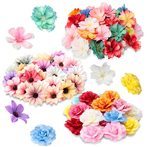 Hoteam 100 Pcs Spring Assorted Small Flower Decorative Fake Flower Heads Bulk Silk Artificial DIY Faux Mini Daisy Rose Plum Craft for Wedding Cake Mother's Day Party Wreath Home (Bright)