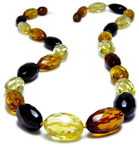 Laboratorio Italiano del Gioiello Zertifizierte Natürliche Baltische Bernsteinkette Halskette für Damen Facettierte Ovale Steine ​​Cognac-Zitrone-Kirsche Farbe (50cm 27gr)