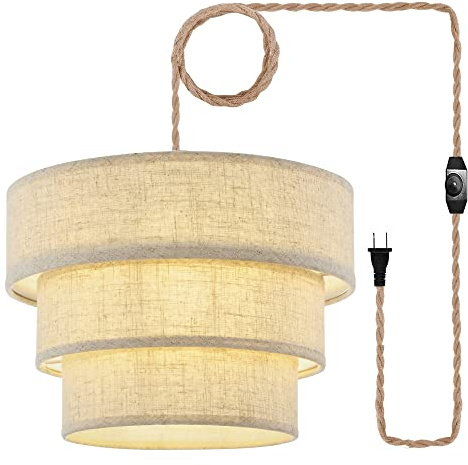 XININSUN 3-Tier Drum Linen Plug in Pendant Light with15ft Hemp Rope Cord E26 Dimmer Switch Hanging Lights Fixture Plug in Chandelier for Kitchen Island Dining Room Entryway Hallway-1Pack