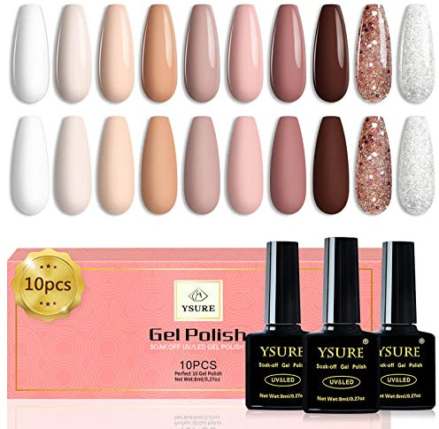 YSURE Gel Nail Polish Set- 10Pcs Nude Pink Beige Brown White Gel Nail Polish,Four Seasons Gel Polish Soak Off LED Lamp DIY Art Manicure Kit, 8ml