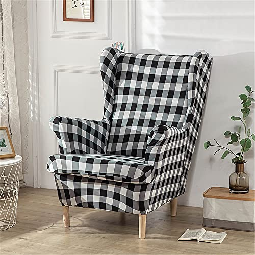 Highdi Stretch Wingback Chair Covers 2 Piece Wing Chair Slipcover for Armchair Modern Minimalist Solid Color Spandex Armchair Sofa Cover Living Room Bedroom Furniture Protector (Black White Plaid)